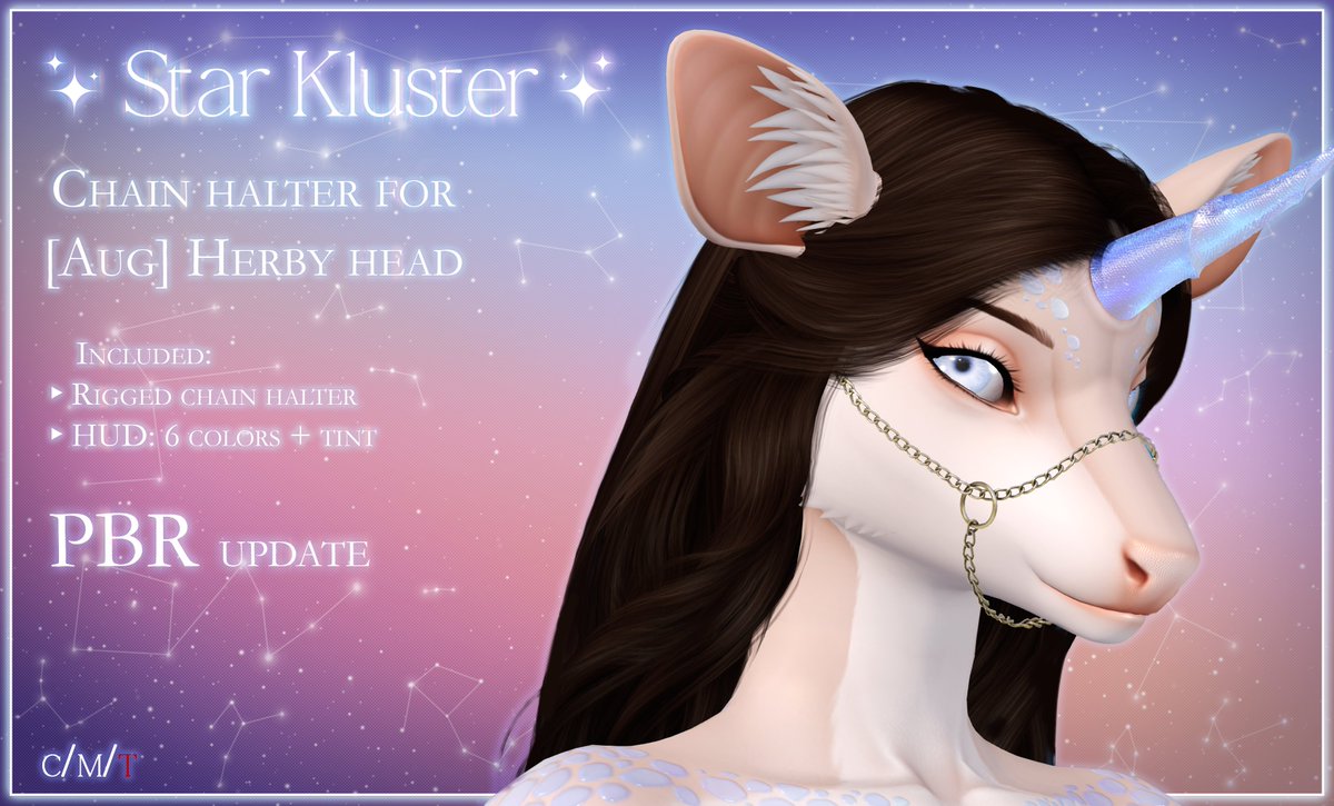 I upgraded the chains halter for Espen and Herby heads! They are PBR!
There are non-PBR textures on the model including, so users without a pbr viewer will be able to wear this safely.
The Espen head chain now include the big head version!