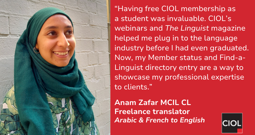 CIOL_Linguists's tweet image. From language student to full member: CIOL membership helps members like Anam by offering an introduction to the languages profession right from the start. Find out more about CIOL Student membership and what it can offer you:
ciol.org.uk/student-affili…
#CIOL #Students #Translators