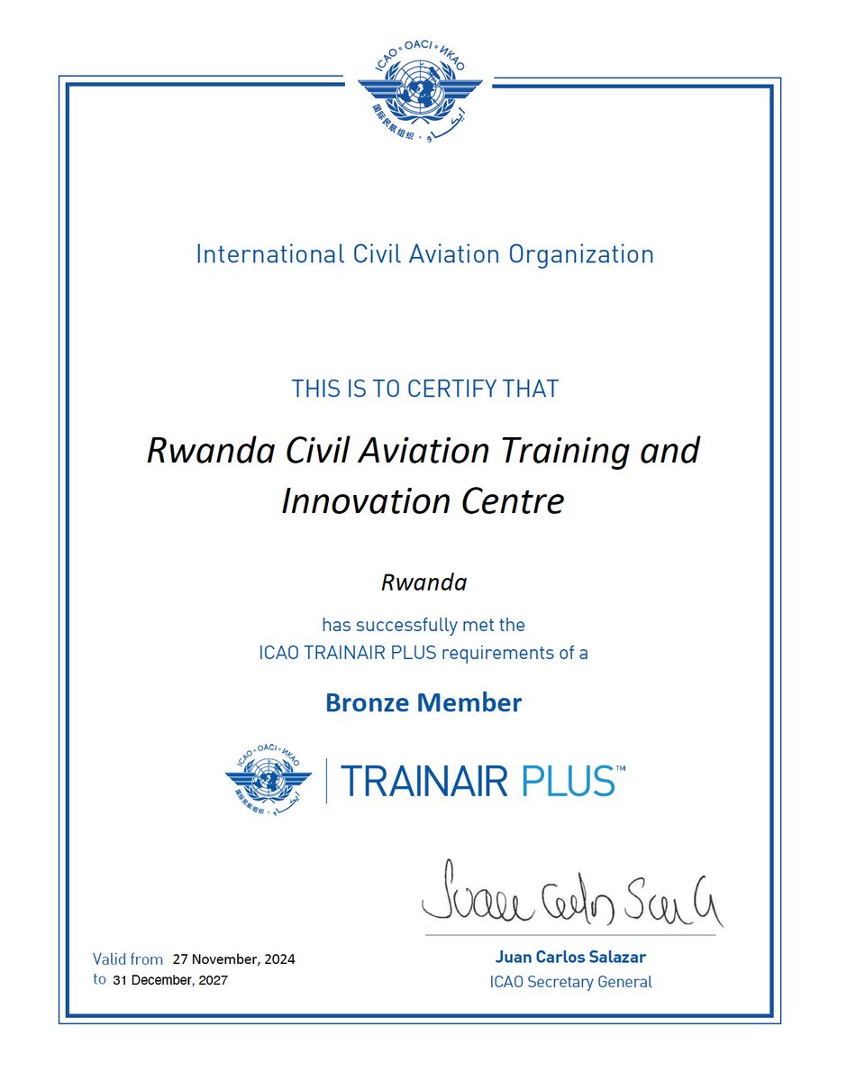 RwandaCATIC's tweet photo. RCATIC is now an ICAO TRAINAIR PLUS Bronze Member! π
Proud to uphold excellence in aviation training and innovation. #AviationTraining #RCATIC #ICAO https://t.co/TJ7K3YIxLs