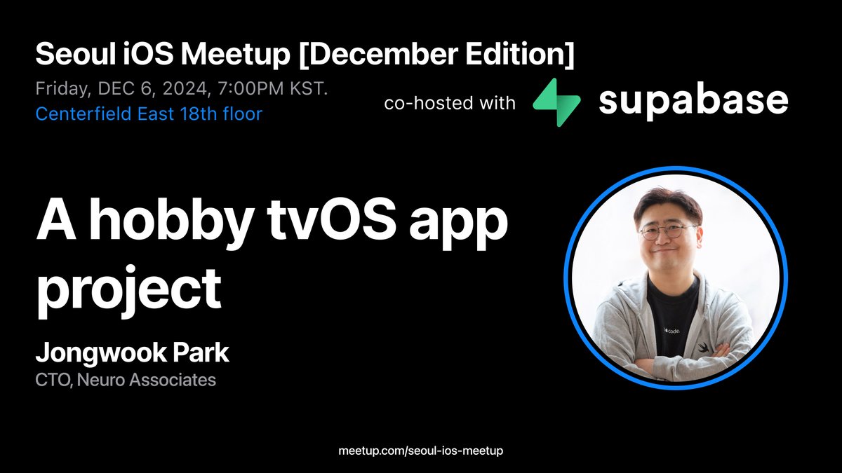 florianldt's tweet photo. Great to be back with @supabase and the Seoul iOS Meetup to celebrate Supabase's Launch Week 13!!!
β¨ What you'll get:
- Insightful presentation
- Supabase swag
- Food & drinks π
- Great networking
RSVP link in the comment π
#supabase #seouliosmeetup #korea #seoul https://t.co/wkz5XSEJXl