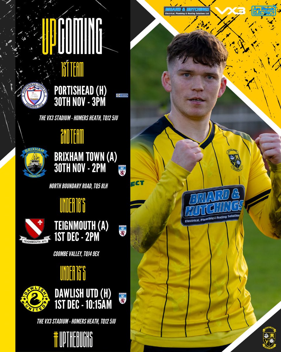 Buckland Athletic (@officalbafc) on Twitter photo ๐๏ธ | This Weekend
1๏ธโฃst Team hold hosts to <a href="/PortisheadTown/">Portishead Town FC</a> for the first-ever time, whilst our Reserves, Under 18โs and Under 15โs are all in <a href="/devon_fa/">Devon County FA</a> County Cup fixtures!
We hope to see you at a game this weekend ๐ค
#UpTheBucks ๐ฆ ๐๏ธ | This Weekend
1๏ธโฃst Team hold hosts to <a href="/PortisheadTown/">Portishead Town FC</a> for the first-ever time, whilst our Reserves, Under 18โs and Under 15โs are all in <a href="/devon_fa/">Devon County FA</a> County Cup fixtures!
We hope to see you at a game this weekend ๐ค
#UpTheBucks ๐ฆ
