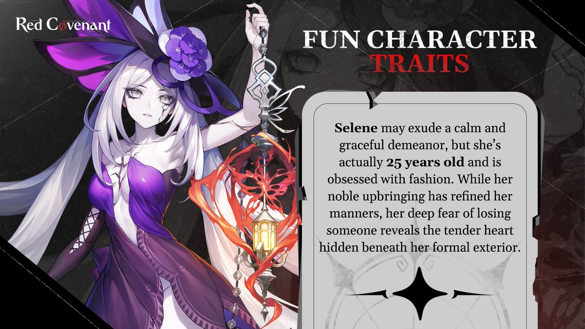 Fun Fact Alert!

Rotgeisters, meet Selene, our elegant necromancer! At 25 years old, she’s not just graceful and poised, she’s also obsessed with fashion! But beneath her calm exterior lies a deep fear of loss and a possessiveness shaped by her tragic past.

#RedCovenant