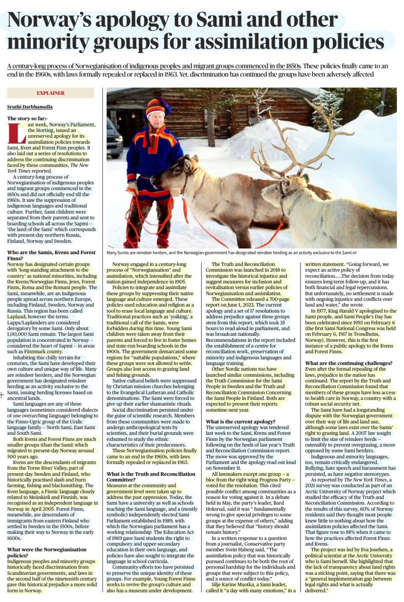 imRavikantYadav's tweet photo. "Norway's apology to Sami & other minority groups for Assimilation policies"
:An Insightful article by Ms Sruthi Darbhamulla
@S1Darbha
#Norway unreserved #Apology fr #Assimilation policies towards #Sami #Kven #ForestFinn , #INDIGENOUS ,#Norwegianisation &
More info
#UPSC https://t.co/6q3PCADNcm