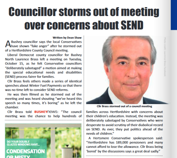 brassee's tweet photo. Tory Leader Morris Bright tried to embarrass me by circulating a video he took  of my contretemps with the Chair at the last County Council meeting. But I got the last word because “Bushey News” magazine printed my version of events as its lead story this month. https://t.co/Uf7XQLfPcq