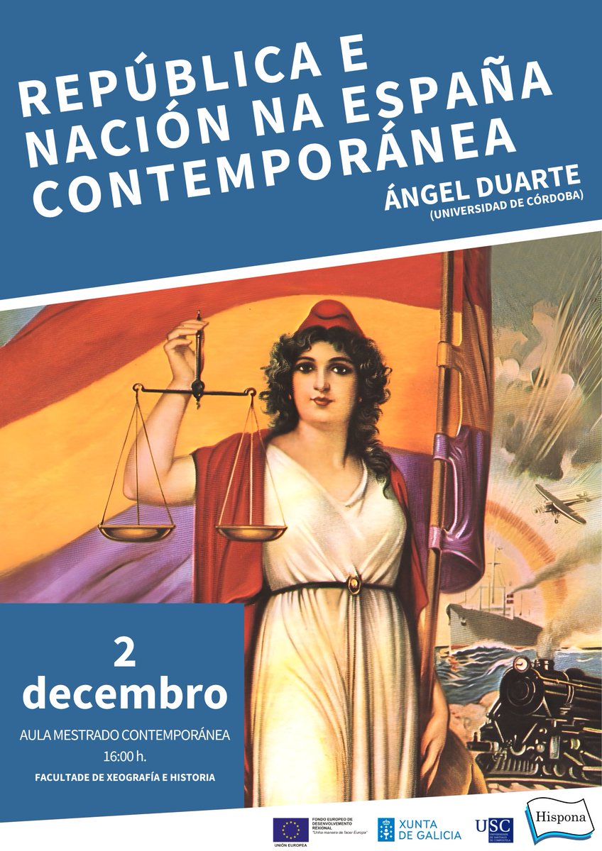 Hispona (@hispona1) on Twitter photo ‼️ Temos o gusto de anunciarvos a palestra "República e nación na España contemporánea", da man do profesor Ángel Duarte.
📅 2 de decembro, 16h.
📍Aula do Mestrado de Contemporánea. Coma sempre, na <a href="/facultadeXH/">Facultade de Xeografía e Historia</a>. ‼️ Temos o gusto de anunciarvos a palestra "República e nación na España contemporánea", da man do profesor Ángel Duarte.
📅 2 de decembro, 16h.
📍Aula do Mestrado de Contemporánea. Coma sempre, na <a href="/facultadeXH/">Facultade de Xeografía e Historia</a>.
