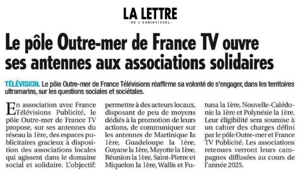 Les antennes du pôle #Outremer s'associent à <a href="/francetvpub/">FranceTV Publicité</a> pour permettre aux associations locales qui œuvrent dans le domaine social et solidaire de s'exprimer et de faire connaître leurs actions.
Ravie que notre Réseau contribue à soutenir le tissu associatif en Outre-mer 👍🏾