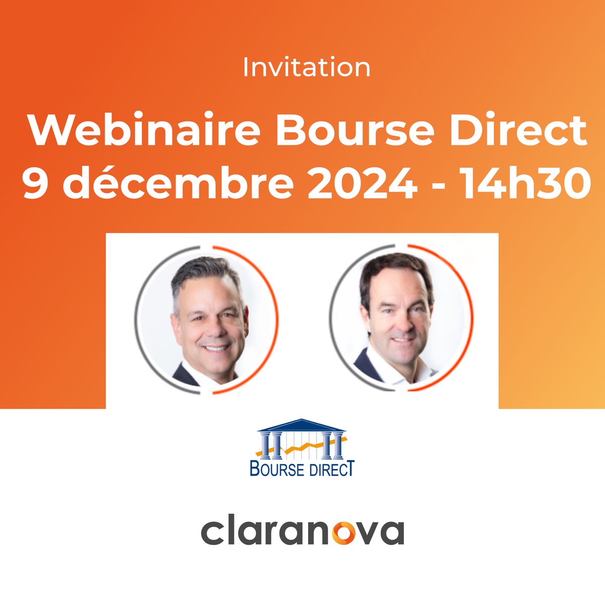 Ne manquez pas le Club des Actionnaires de <a href="/claranova_group/">Claranova</a> le 9 décembre à 14h30 ! Rejoignez-nous pour un webinaire organisé par <a href="/boursedirect/">Bourse Direct</a> avec la participation de Eric Gareau et Xavier Rojo, qui répondront en direct aux questions des internautes. Pour vous inscrire, cliquez