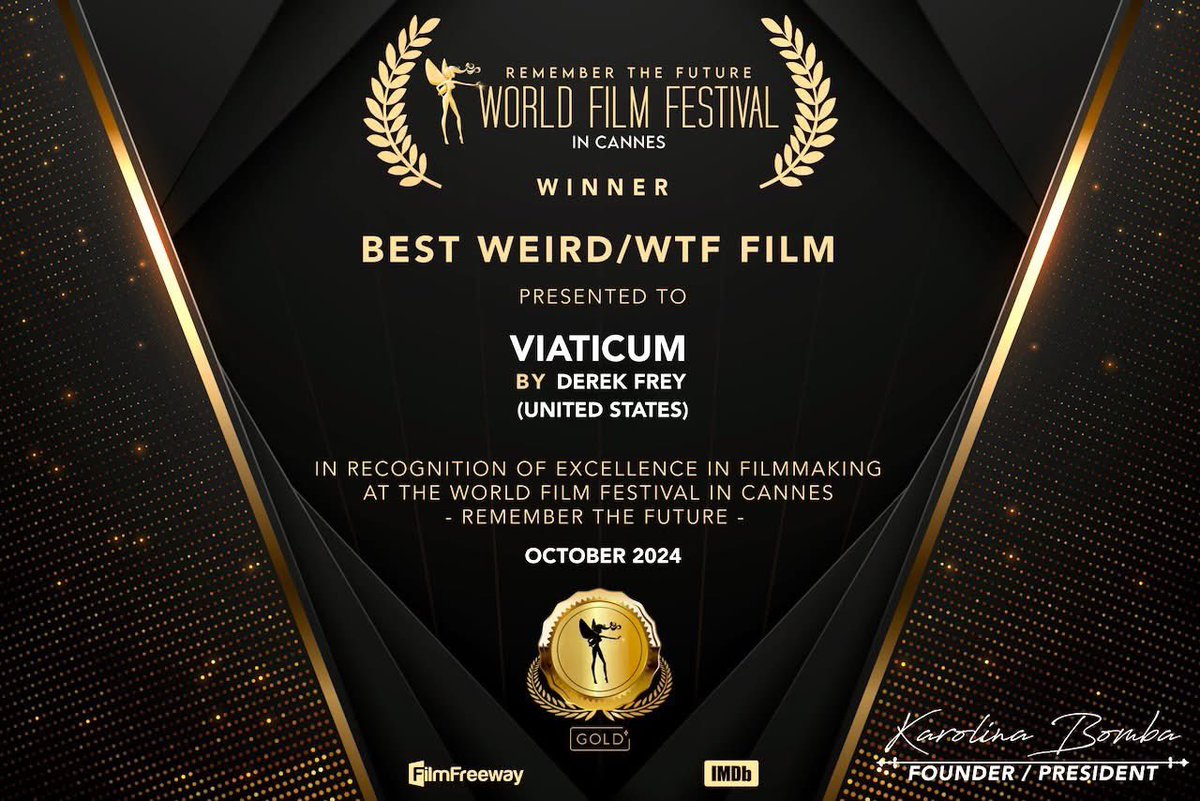 DerekFreyFilms's tweet photo. Giving much thanks this Thanksgiving. Super proud of this one!  Viaticum awarded Best Weird/WTF FIlm at the @worldfilmcannes   #viaticum #worldfilmfestival #cannes #bestweirdfilm #wtf  #bestwtffilm #dramedy #happythanksgiving https://t.co/RwyaS0tkW9