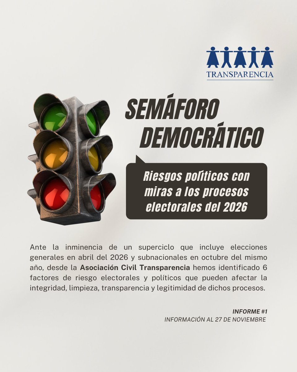 ¡Las elecciones generales y subnacionales de 2026 están cada vez más cerca! 🗳 En Transparencia, hemos identificado 6 factores clave que podrían poner en riesgo la integridad, limpieza, #transparencia y legitimidad de estos procesos electorales. (1/6)

#Elecciones2026 #Democracia