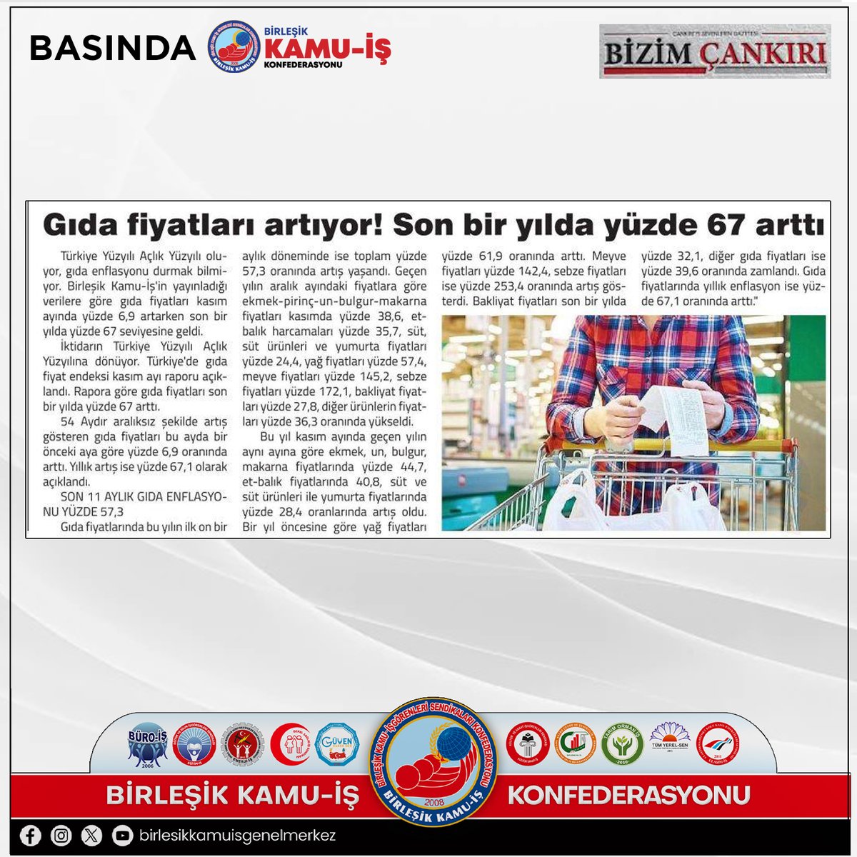 kamuiskonf's tweet photo. Konfederasyonumuz Arge birimi KamuAr'ın yaptığı "Halkın Enflasyonu" Araştırması-Kasım 2024 sonuçları yazılı basında haberleştirildi.  
#HalkınEnflasyonu #KamuAr #alımgücü #emekli #memur #zamlar #gıdafiyatları #araştırma #çarşı #pazar #market #fiyatlar https://t.co/Ae3jjhxpZm