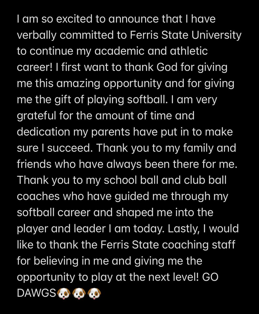 Tatum Johnson (@tatumjohnson26) on Twitter photo I’m excited to announce my verbal commitment to Ferris State University! GO DAWGS!!❤️💛🐶
<a href="/schumann_jake/">Jake Schumann</a> <a href="/FSU_SB/">Ferris St. Softball</a> I’m excited to announce my verbal commitment to Ferris State University! GO DAWGS!!❤️💛🐶
<a href="/schumann_jake/">Jake Schumann</a> <a href="/FSU_SB/">Ferris St. Softball</a>