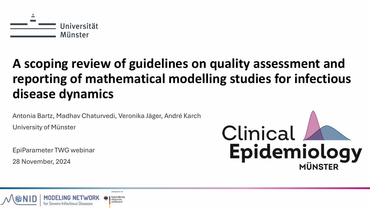 It was a pleasure to present our scoping review on reporting guidelines and quality assessment tools for infectious disease modelling studies during today’s webinar of the Epi Parameter Community coordinated by <a href="/WHO/">World Health Organization (WHO)</a>. Thanks for having us!