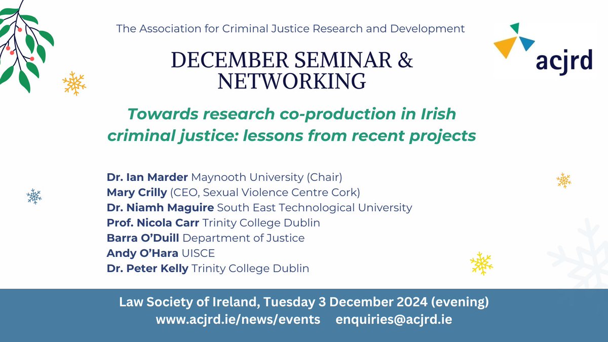 Acjrd_ie's tweet image. We're looking forward to hosting this seminar on Research Co-production in Irish criminal justice on December 3rd. See acjrd.ie/news/248-acjrd… for details