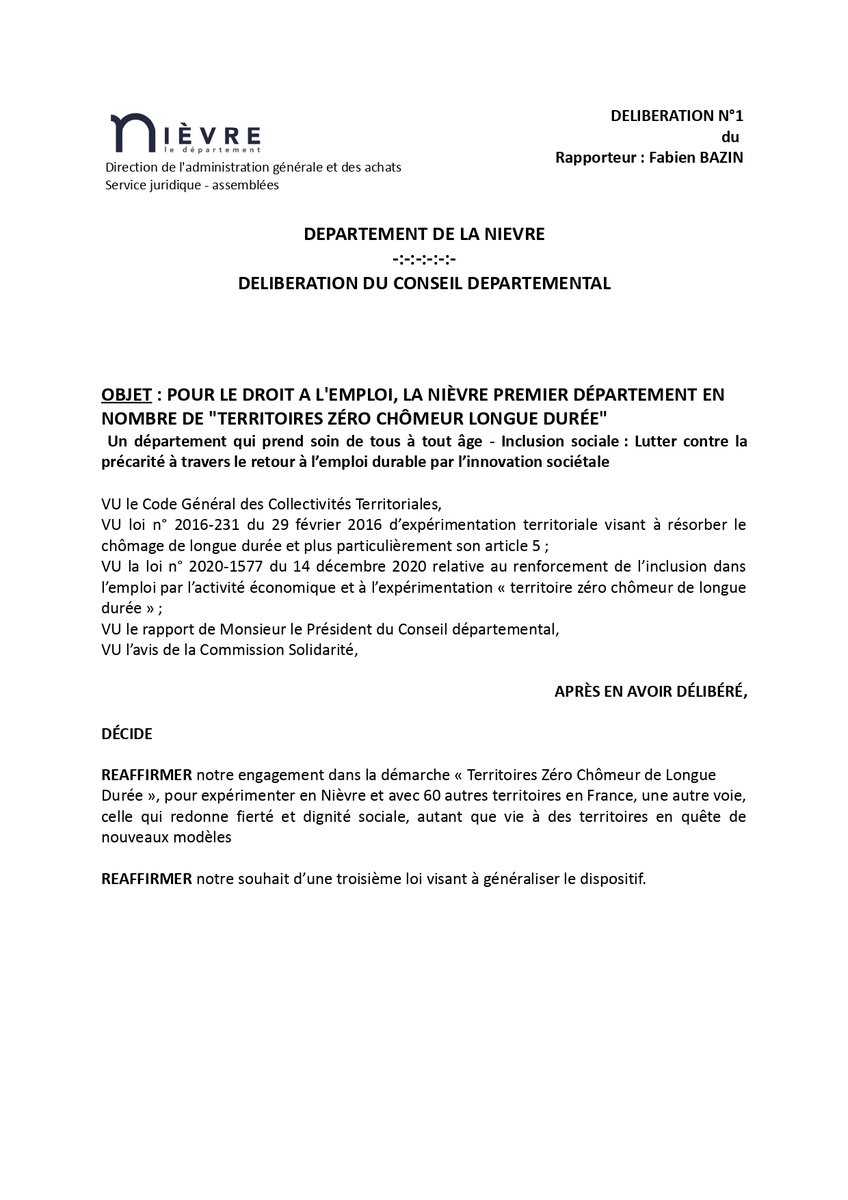 <a href="/nievrefr/">Département de la Nièvre</a> <a href="/fabien_bazin/">Fabien BAZIN, Président de @nievrefr</a> L'occasion de faire voter à l'unanimité une délibération réaffirmant ce soutien et appelant à une généralisation 
👇
tzcld.fr/wp-content/upl… #droitalemploi #departements #insertion #emploi
