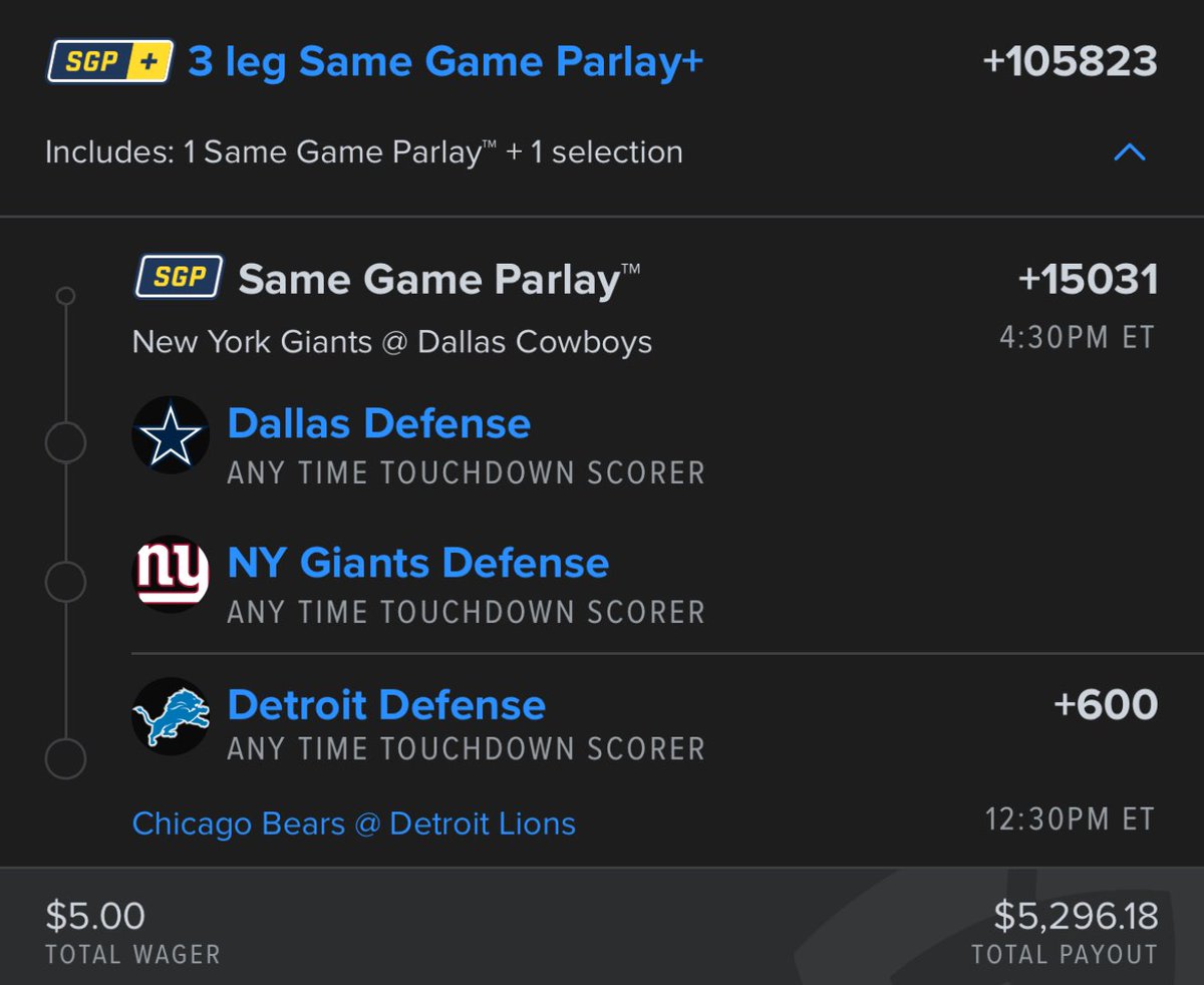 My favorite bet of the day. Let’s get some defensive TDs! I have it going without the Detroit TD as well.

#fanduel #NFL #betoftheday #Thanksgiving #Parlay