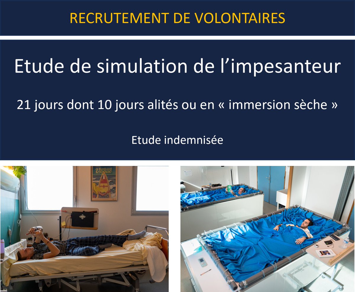 MEDES-IMPS (@medes_imps) on Twitter photo 📢Nous recrutons des volontaires masculins pour une nouvelle étude clinique de simulation de l'impesanteur !
🚀👨🚀Envie de participer à la recherche spatiale ? Disponible 3 semaines entre février et avril ? Etude indemnisée
👉S'informer & postuler : medes.fr 📢Nous recrutons des volontaires masculins pour une nouvelle étude clinique de simulation de l'impesanteur !
🚀👨🚀Envie de participer à la recherche spatiale ? Disponible 3 semaines entre février et avril ? Etude indemnisée
👉S'informer & postuler : medes.fr