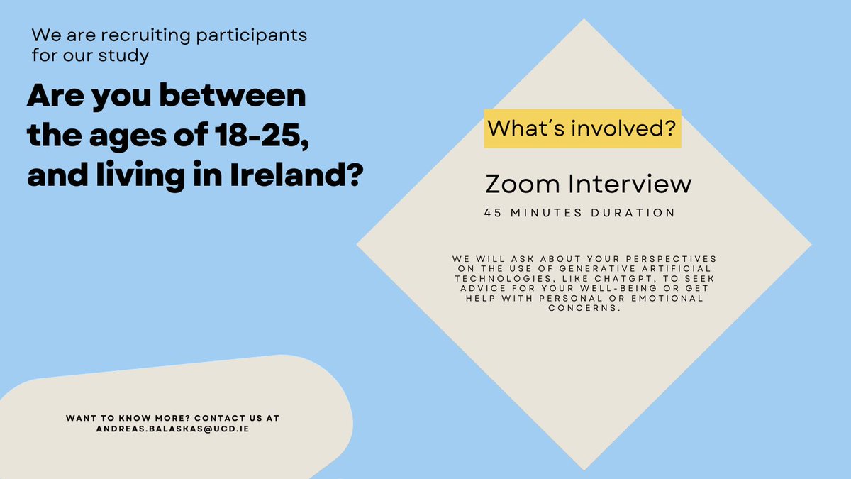 🚨 Are you 18–25 &amp; living in Ireland? 🚨
Do you use AI tools like ChatGPT in daily life?  Share your insights in an online interview &amp; get a €20 voucher!
Learn more: lnkd.in/e5uSvY9V

#GenerativeAI #YoungPeople #Ireland #MentalWellbeing #YouthResearch #TechForMentalHealth