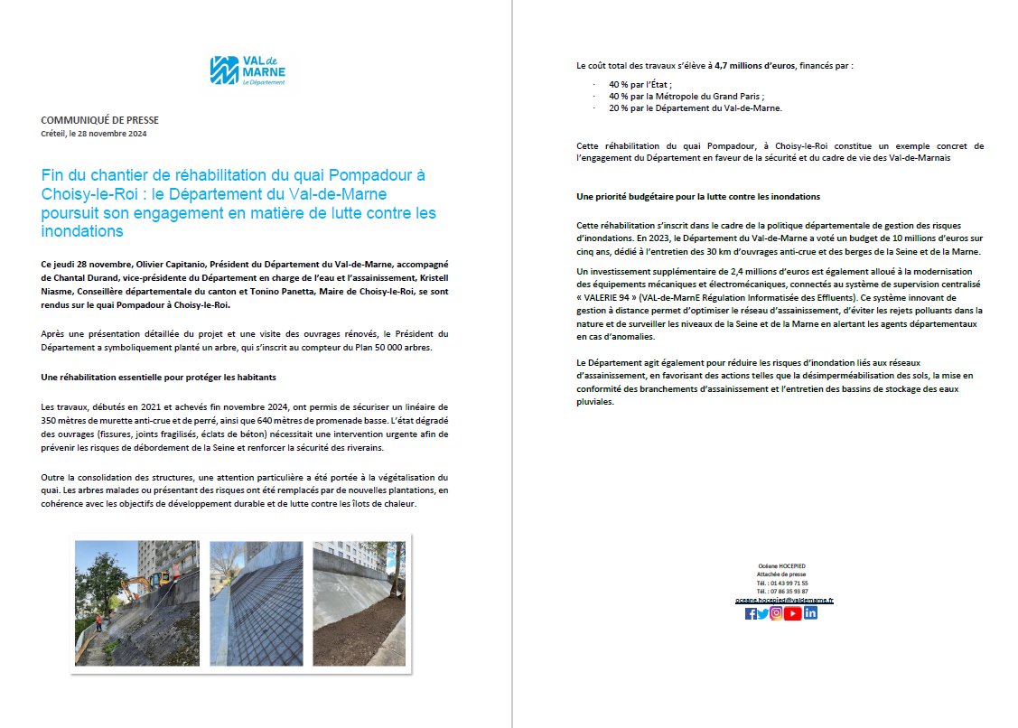 #Communiqué : 
Fin du chantier de réhabilitation du quai Pompadour à Choisy-le-Roi : le Département du #ValdeMarne poursuit son engagement en matière de lutte contre les inondations