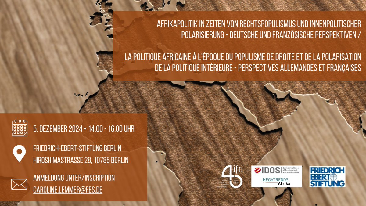 Megatrends Afrika (@mt_afrika) on Twitter photo 📢There are still spots available for the workshops next thursday either🗨️on the role of African youth in political participation (in eng) or🗨️on African policy in times of right-wing populism (in ger/ fre) organized by <a href="/FESonline/">Friedrich-Ebert-Stiftung</a> <a href="/IFRI_/">Institut français des relations internationales</a> and <a href="/IDOS_research/">IDOS_research</a> in Berlin. 📢There are still spots available for the workshops next thursday either🗨️on the role of African youth in political participation (in eng) or🗨️on African policy in times of right-wing populism (in ger/ fre) organized by <a href="/FESonline/">Friedrich-Ebert-Stiftung</a> <a href="/IFRI_/">Institut français des relations internationales</a> and <a href="/IDOS_research/">IDOS_research</a> in Berlin.