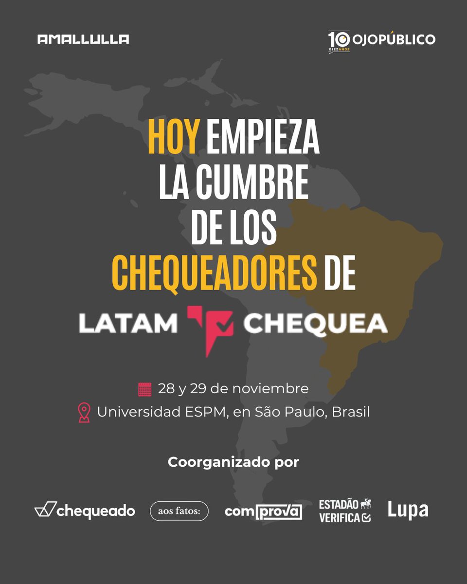 OjoLab's tweet photo. ¡Llegamos a São Paulo! 🇧🇷
Junto a la red de verificadores latinoamericanos celebramos el décimo aniversario de #LatamChequea2024 y presentaremos por primera vez en Brasil a #QuispeChequea.
Este 28 y 29 de noviembre participaremos en tres mesas de discusión sobre desinformación. https://t.co/kRE9XFcbeO