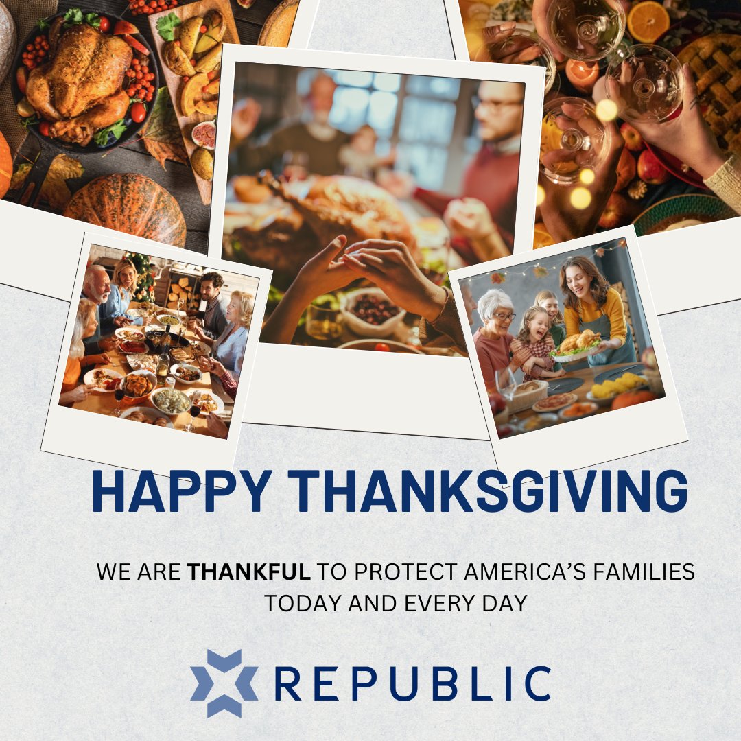 RepublicFin's tweet photo. Happy Thanksgiving from our @RepublicFin  family to yours!

Today, we’re giving thanks for our hardworking team, our loyal clients, and the communities we are proud to serve and protect.

May your day be filled with blessings this Thanksgiving🦃🍁

#Thanksgiving #RepublicFinancial #MorrisIndustries #Thankful