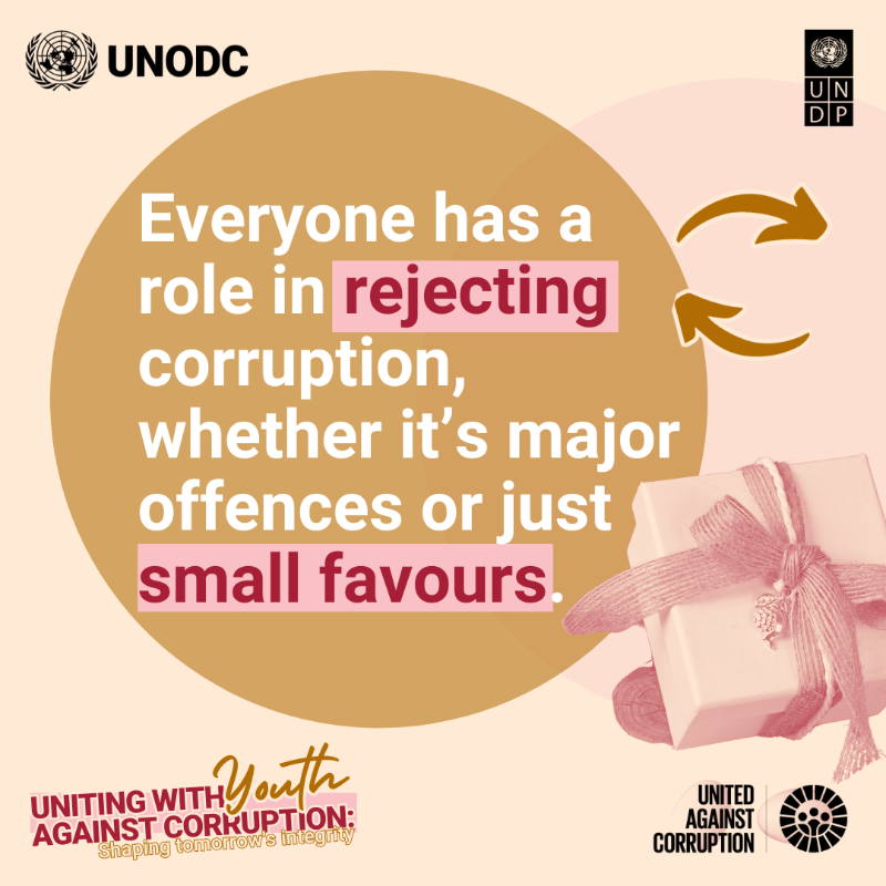 UNODC's tweet photo. What is corruption❓
🔸Bribery
🔸Trading in influence
🔸Abuse of power for personal gain
🔸Embezzlement
Educating young people builds a future where corruption isn’t tolerated and fosters effective solutions rooted in integrity.
#UnitedAgainstCorruption #IACD2024