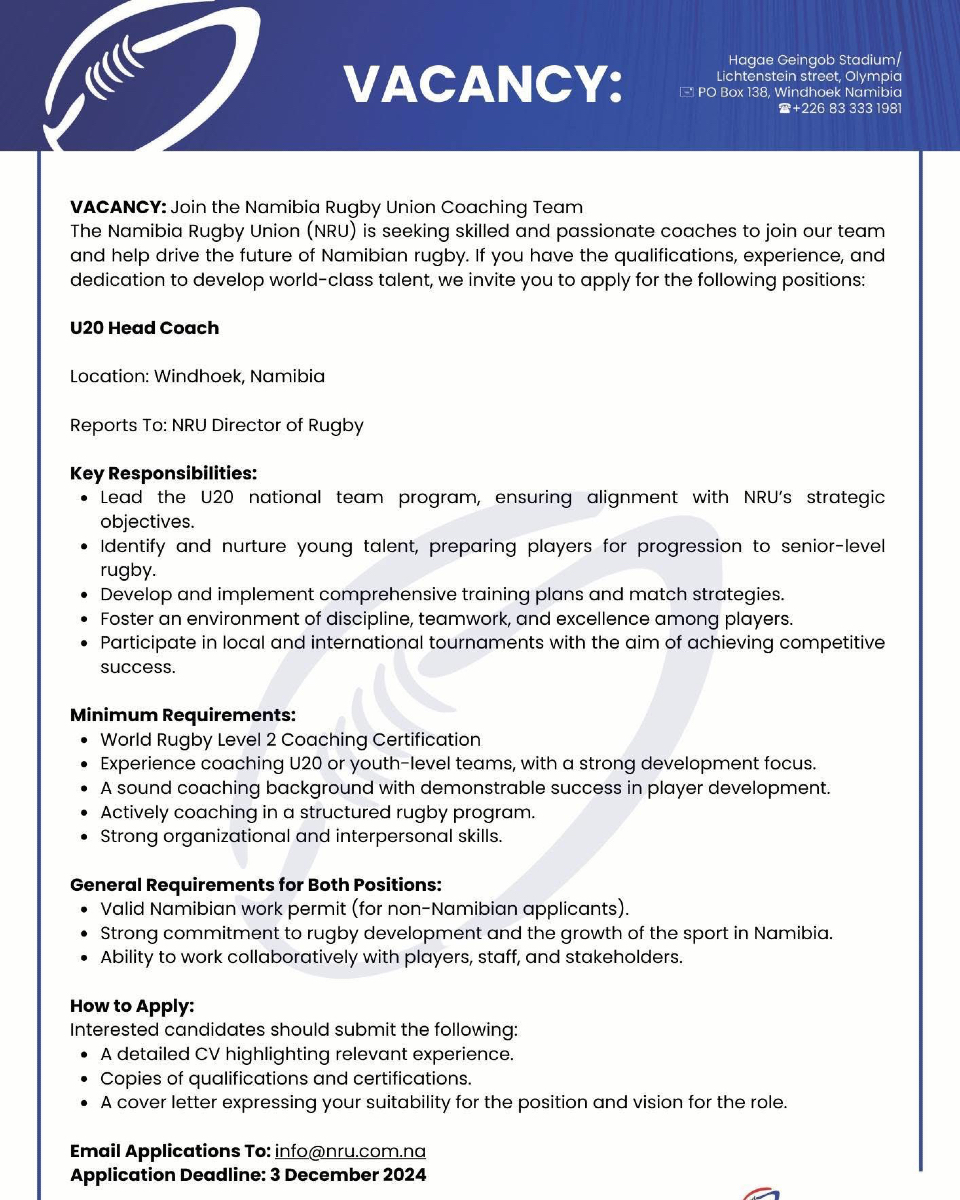 rugbyvacancies's tweet photo. Namibia Rugby are looking for coaches:

U20s Head Coach
Men’s 7s Head Coach

Further info at the pictures. https://t.co/blKvOuwM6h