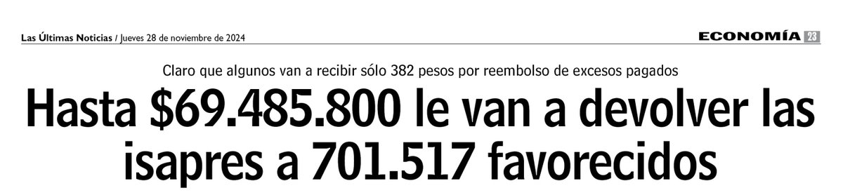 ojodelmedio's tweet photo. Las isapres perjudicaron con más de mil millones de dólares a casi un millón de chilenos. Ahora que deben devolver el dinero, los afiliados –en su mayoría mujeres y adultos mayores– aparecen en los medios como "favorecidos". Recorte de hoy de LUN. https://t.co/qpdAqVN6AU