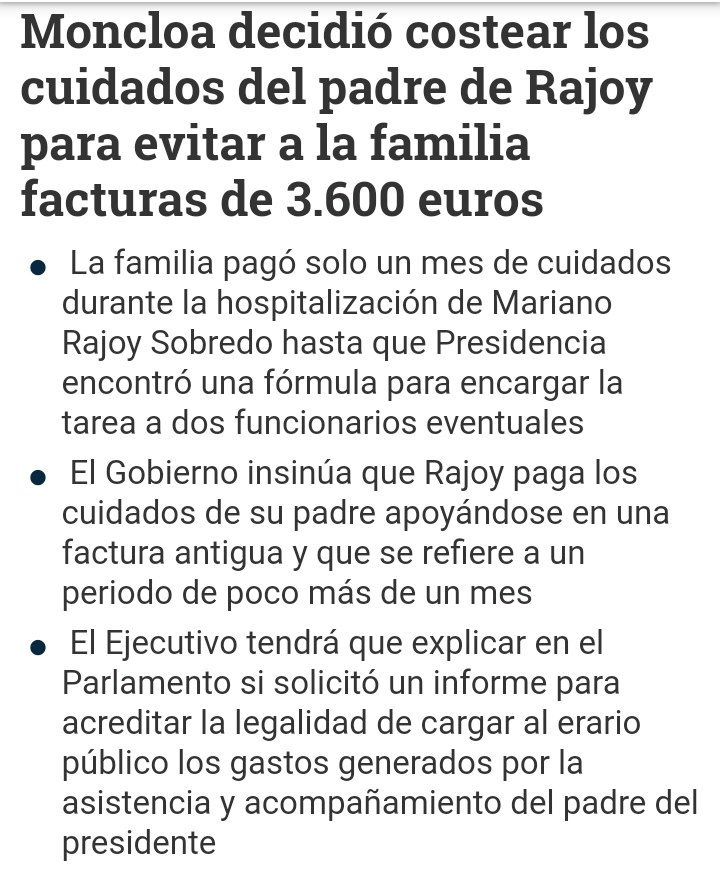 SiPeroNo1's tweet photo. Qué raro:

Rajoy estuvo 7 años cargando a Moncloa 3.600€ al mes del cuidado de su padre para ahorrárselos a su familia y nadie le demandó, ni a ningún juez le pareció que eso fuera aprovecharse del cargo https://t.co/tUEKQj4qPY