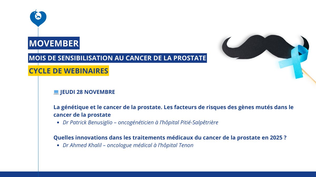 Hôpital Pitié-Salpêtrière AP-HP (@hoppitiesalpe) on Twitter photo #Movember2024 | 💻 Rendez-vous dans 1h pour le dernier webinaire de la semaine
▪️ La génétique et le cancer de la prostate
▪️ Quelles innovations dans les traitements du cancer de la prostate en 2025 ?
➡️Inscription : urlr.me/nSecyK
<a href="/APHP/">Assistance Publique – Hôpitaux de Paris (AP-HP)</a> <a href="/FaculteSanteSU/">Faculté de Santé de Sorbonne Université</a> <a href="/HopitalTenon/">Hôpital Tenon AP-HP</a> #Movember2024 | 💻 Rendez-vous dans 1h pour le dernier webinaire de la semaine
▪️ La génétique et le cancer de la prostate
▪️ Quelles innovations dans les traitements du cancer de la prostate en 2025 ?
➡️Inscription : urlr.me/nSecyK
<a href="/APHP/">Assistance Publique – Hôpitaux de Paris (AP-HP)</a> <a href="/FaculteSanteSU/">Faculté de Santé de Sorbonne Université</a> <a href="/HopitalTenon/">Hôpital Tenon AP-HP</a>