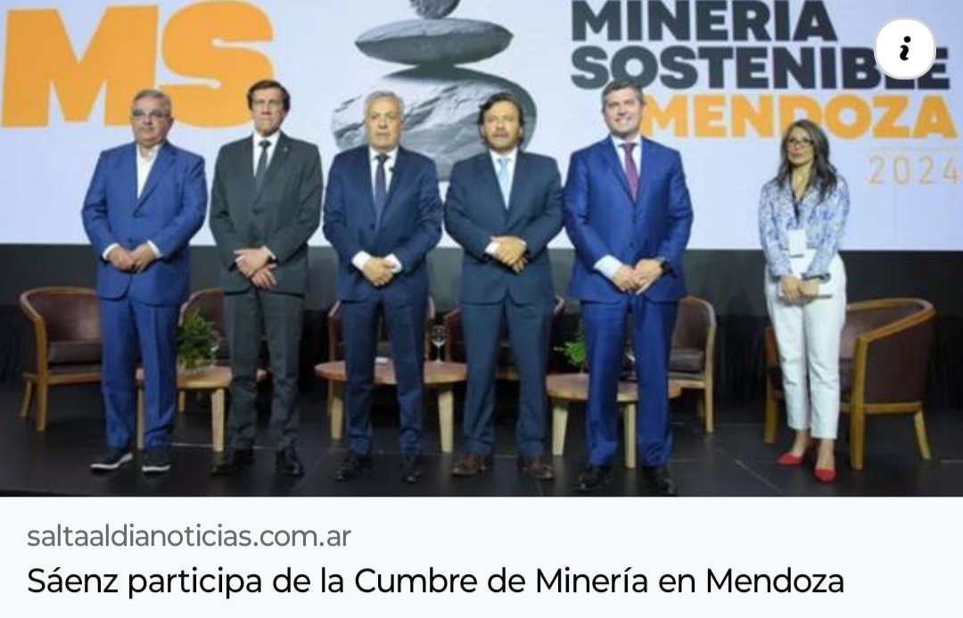saltaaldiaok's tweet image. Con la presencia de los cinco gobernadores de las principales provincias mineras argentinas y autoridades nacionales, comenzó en Mendoza la Cumbre de Minería Sostenible. 
#saltaaldianoticias #locales #CumbreMinera
Leer más: saltaaldianoticias.com.ar