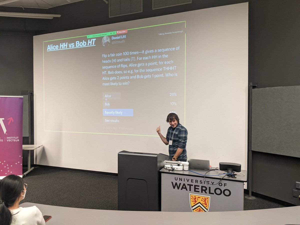The above was a survey talk by <a href="/ashtiani_hassan/">Hassan Ashtiani</a>, on distribution learning. 

Next is <a href="/MihaiCNica/">Mihai Nica</a>, talking about this paper on Gaussian approximation in NNs: openreview.net/forum?id=92q7W…. This Twitter poll by <a href="/littmath/">Daniel Litt</a> makes another appearance!
