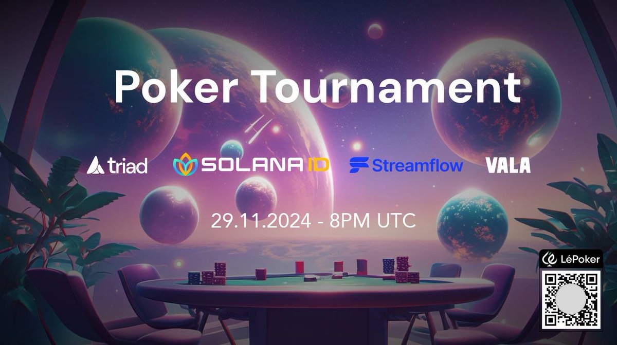 getVALA's tweet image. 🎲 Mega Poker Tournament 🎲 
 
On Friday, 29.11.24 at 8PM UTC we  are teaming up with Solana ID, Streamflow, &amp;amp; Triad for an epic Poker showdown on @LePokerGame 
 
Participate in the tournament, complete registration tasks &amp;amp; join amazing communities to win prizes and future…