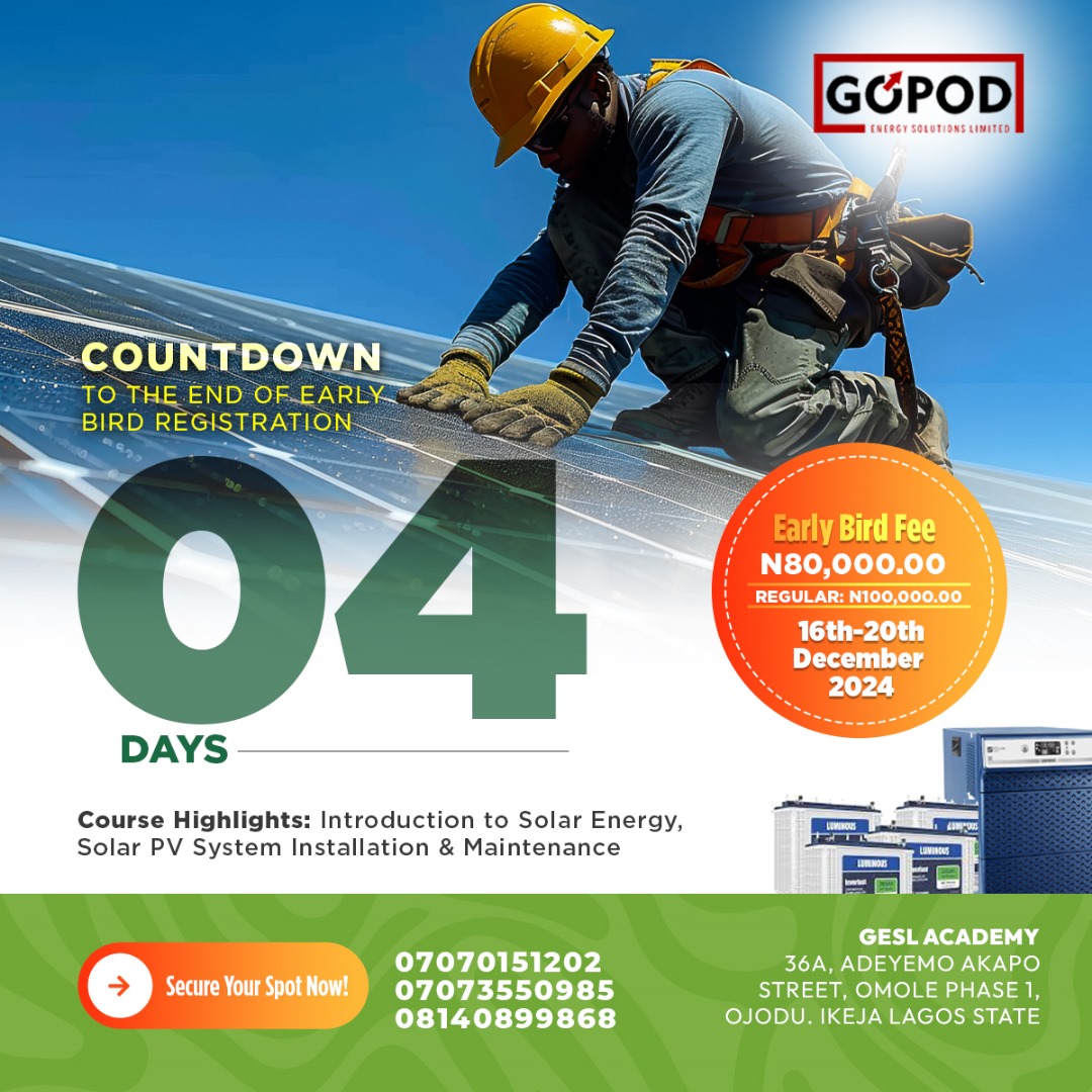 GopodEnergy's tweet photo. ⏳ The countdown continues... just 4 DAYS left to grab the early bird discount for our Solar Installation Training!

Don’t miss this chance to enhance your skills and join the renewable energy revolution. 🌞🔋

#GopodEnergySolutions #SolarTraining Thankgiving $Lingo Danny https://t.co/94FYrohZua