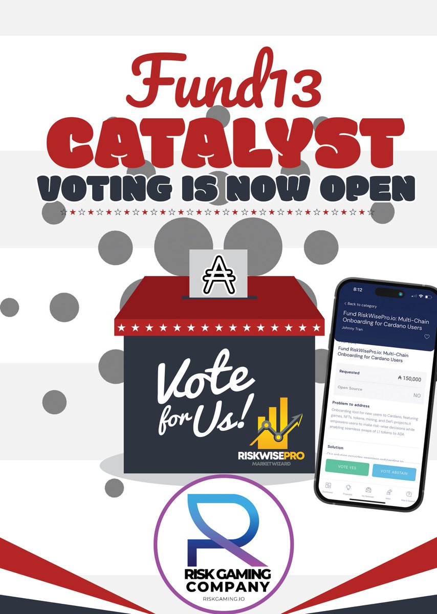 🎉 Giving Away 250 (50 ea) $ADA for the 5 BEST RISK comments added. 

✅ To Enter:

1️⃣ Follow <a href="/riskgamingco/">Risk Gaming Company 🎲</a> <a href="/RiskWisePro/">RiskWisePro</a> 
2️⃣ Make sure to ❤️🔄🔔
3️⃣ Cast your VOTE &amp; Make sure to Comment about Risk: cardano.ideascale.com/c/cardano/idea…

How to vote:
docs.projectcatalyst.io/current-fund/v…

#CardanoCommunity