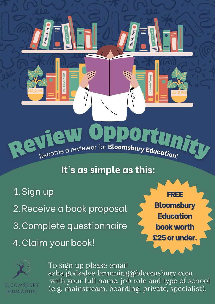📢NEW OPPORTUNITY!!!📢

Sign up to be a reviewer for Bloomsbury Education!📖

Reviewers will be sent new book proposals to read, and will be asked to complete a short questionnaire to review the content, structure and suitability for the target market.

Once the completed