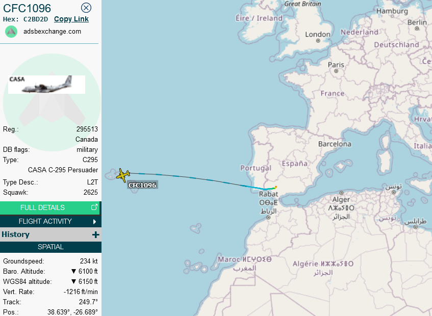 SirListenalot's tweet photo. Canadian "Kingfisher" #C295 #C2BD2D #CFC1096 arrives at Lajes from Sevilla on its delivery flight. https://t.co/5K1EyUeKmJ