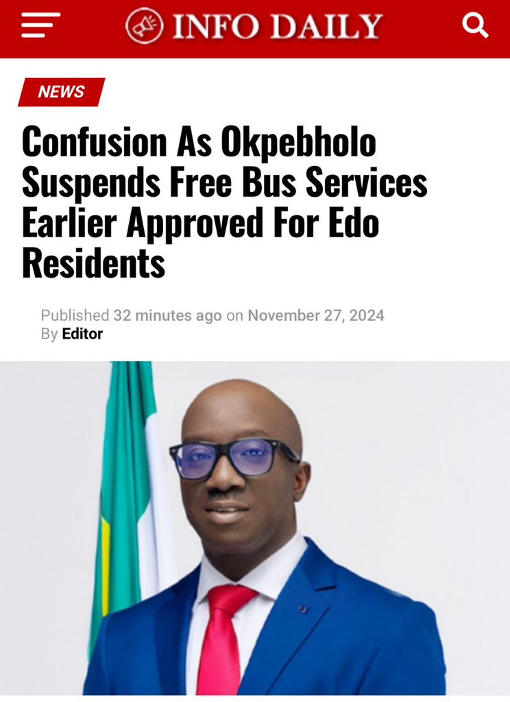 Unprepared govt:

Tuesday: Governor-select Okpebholo announces free bus services

Wed: Suspends it, calling it “impossible”.
Something the past govt ran seamlessly for a year.

After spending ₦2B on inauguration, ₦5B on vehicles, and letting IGR drop by 75%, excuses won’t fly.