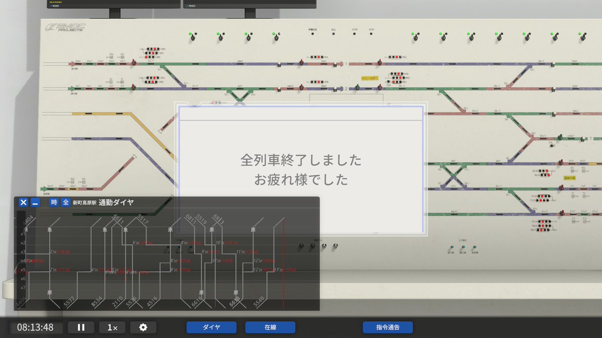 wamu38's tweet image. 初見業務で最大20分延やらかしました。いやぁ終っとる…。遅延出始めるとダイヤスジの列番が迷子になってパニくる。接近ブザーの嵐でさらにパニくる。
 #SignalControlSimulator