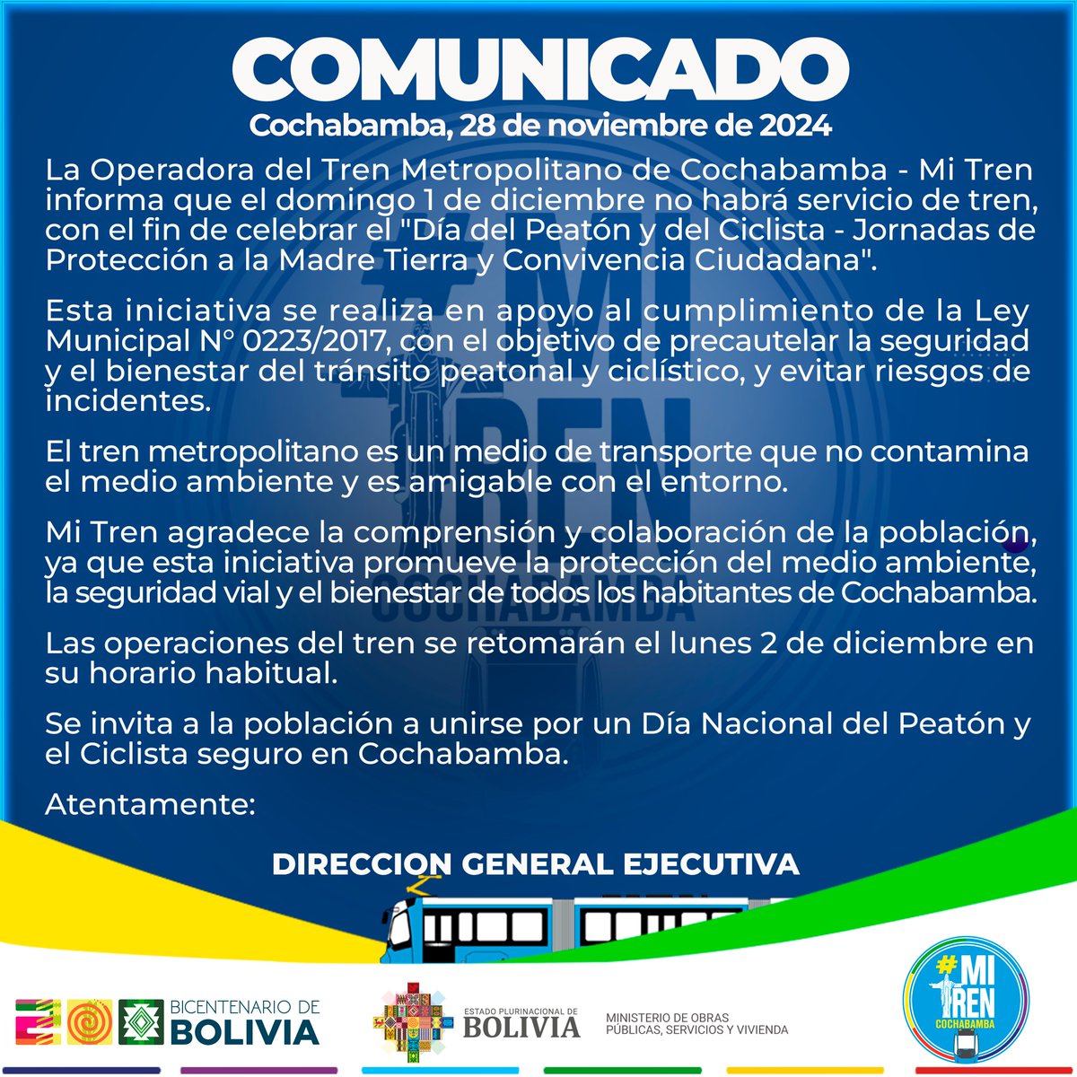 ¡Atención usuarios y población de Cochabamba! 🚨

La Operadora del Tren Metropolitano de Cochabamba - Mi tren les comunica que este domingo 1 de diciembre, ¡NO HABRÁ SERVICIO DE TREN! 🚫
#DíaDelPeatón #DíaDelCiclista #CochabambaSegura #MiTren