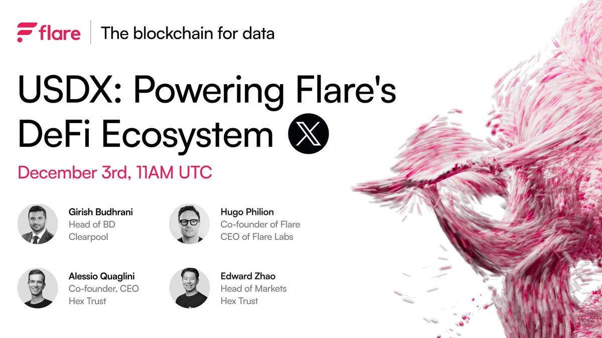 USDX, a Treasury-linked stablecoin native on Flare, is now listed on <a href="/BitMartExchange/">BitMart</a>.

Join our call with <a href="/Hex_Trust/">Hex Trust</a> 's <a href="/onchainpanini/">Alessio Quaglini 🏊</a> and <a href="/etothezed/">Edward Zhao</a>, <a href="/ClearpoolFin/">Clearpool</a>'s @girishbudhrani_, and <a href="/HugoPhilion/">Hugo Philion</a> for a deep dive into USDX's role in Flare DeFi!

🔔 x.com/i/spaces/1ypKd…