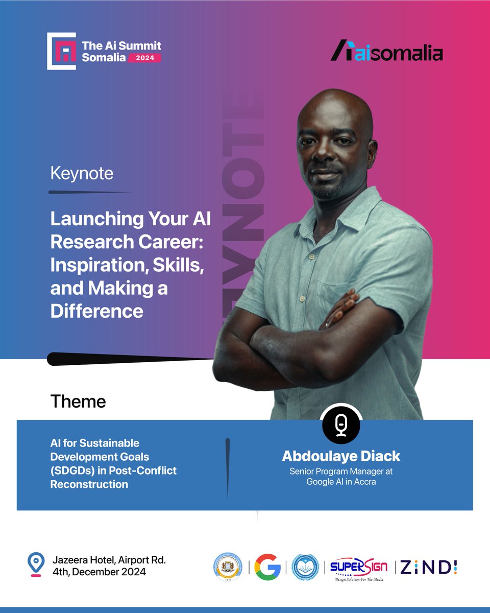 We’re honored to host <a href="/A__Diack/">Abdoulaye Diack 🦋. Migrating to the butterfly app</a>, Senior Program Manager at <a href="/GoogleAI/">Google AI</a> in Acra, at #TheAISummitSomalia
🗓️ Dec 4, 2024 | Mogadishu
Learn from a leading AI expert shaping sustainable development across Africa.
#AISummitSo #AIforSDGs #AISomalia