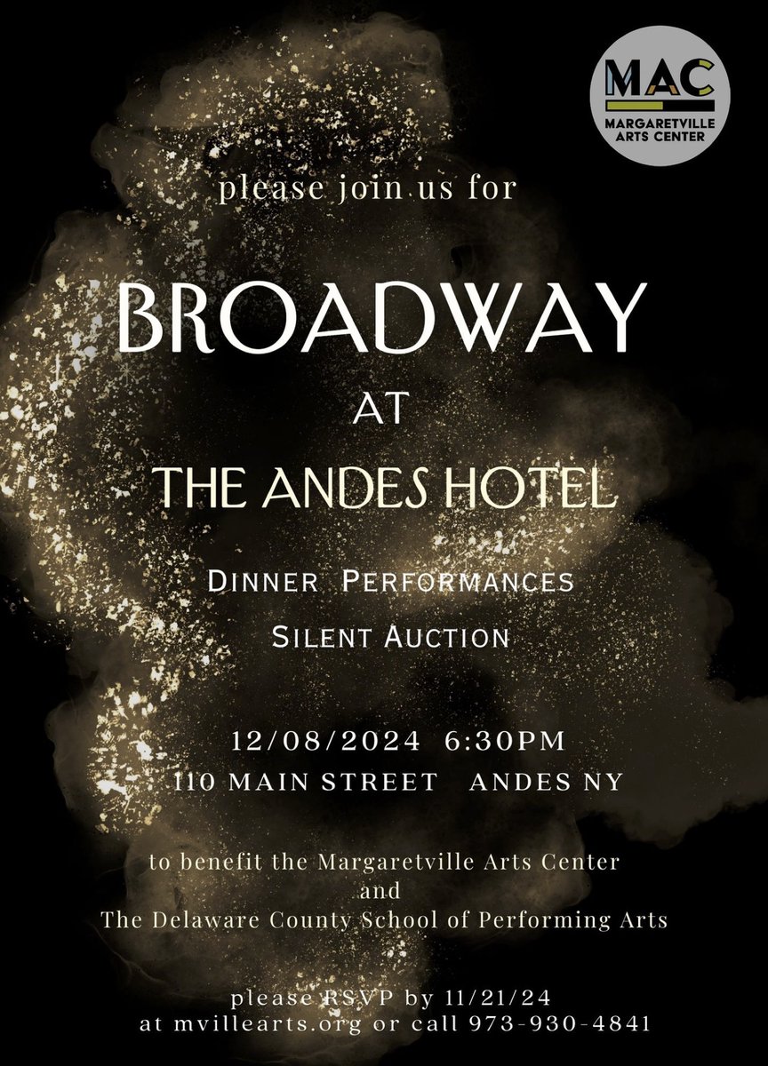 Join us for our gala fundraiser Sunday December 8th, to benefit the Margaretville Arts Center and The Delaware County School of the Performing Arts.  Making Performing Arts and Arts Education accessible for everyone! mvillearts.com/event-details/…  Get your tickets today!