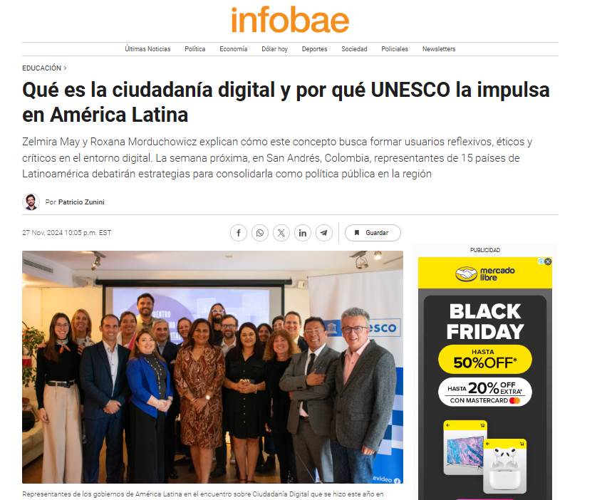 📰Recomendado hoy en INFOBAE Argentina🇦🇷: 🌐💻 La ciudadanía digital es clave para enfrentar los desafíos del entorno online. Zelmira May,  Especialista de Educación de UNESCO, destaca cómo enseñar a las nuevas generaciones a discernir información y actuar éticamente en línea