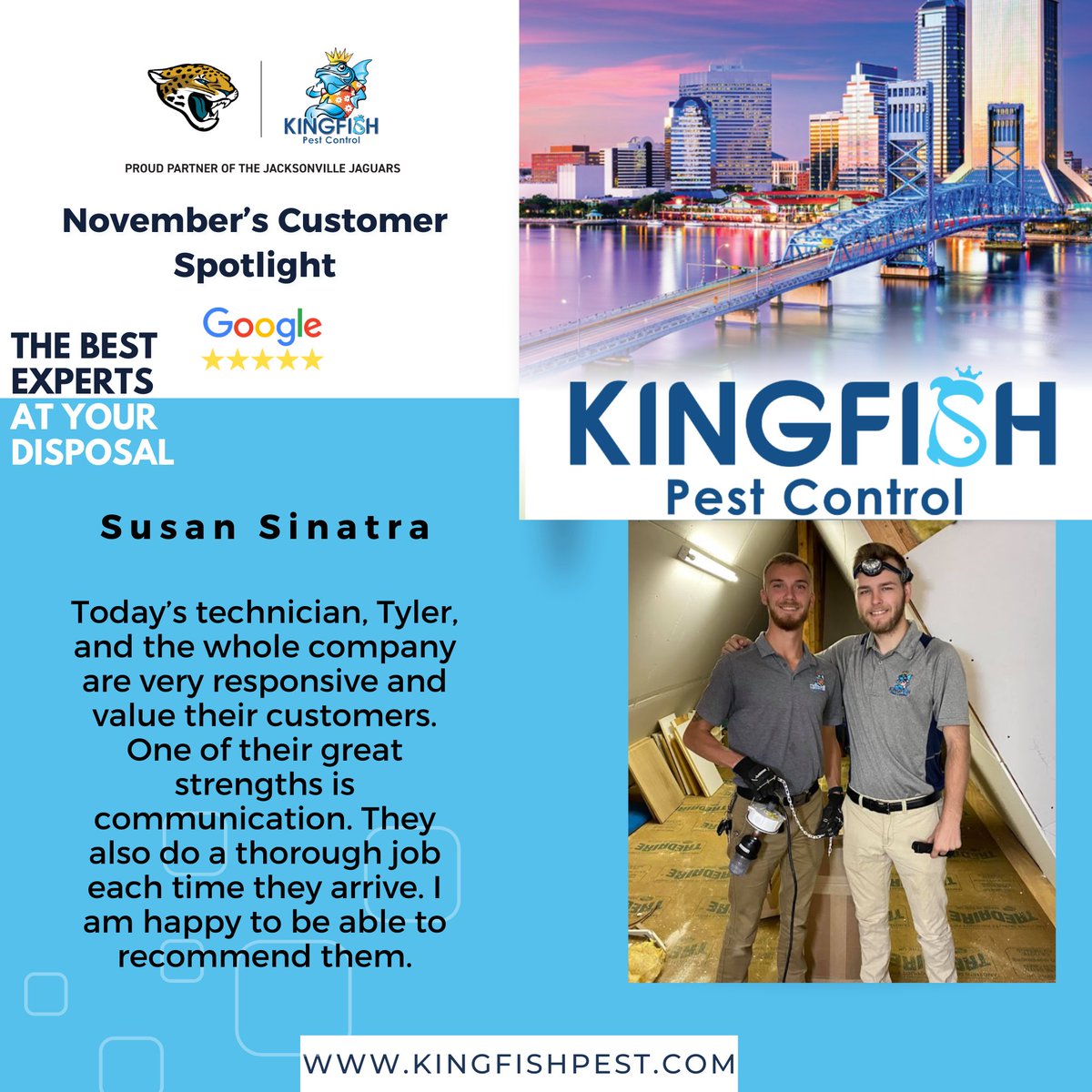 KingfishPest's tweet photo. 🌟 Thrilled to spotlight Susan Sinatra’s praise for Kingfish Pest Control! Susan commends technician Tyler for his responsiveness and thorough work, reinforcing our commitment to excellent service. https://t.co/M0ZSmV6SEb https://t.co/sGekI8jbOx