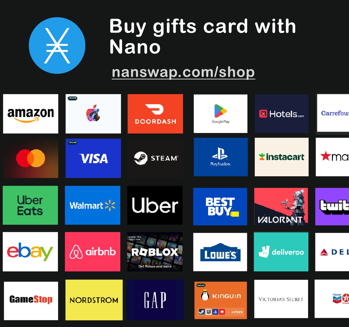 Nanswap's tweet photo. 🛍️ Launching NanShop: Buy gift cards with @nano

🛒 Amazon, Apple, Google, Steam, Uber and +4,000 gift cards available thanks to our amazing partner @bitrefill https://t.co/42xcCHUS6o