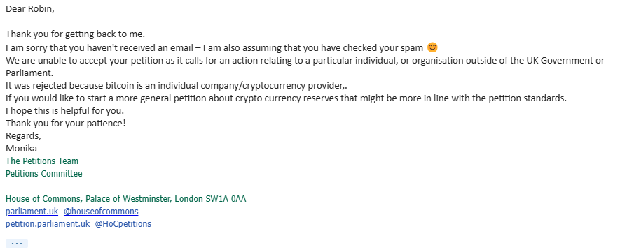 Thesecretinves2's tweet image. 2 weeks ago I started a petition to get the UK Government to discuss starting a Strategic #Bitcoin reserve in the UK.

I thought i would easily get this over 10k Signatures. I found out after 2 weeks it was rejected as it relates to #Bitcoin which is an individual or…