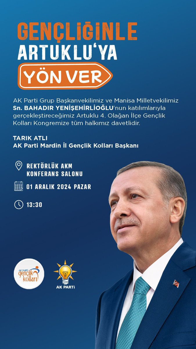 Gençliğinle Artuklu'ya Yön Ver

AK Parti Grup Başkanvekilimiz ve Manisa Milletvekilimiz Sn. Bahadır Yenişehirlioğlu’nın katılımlarıyla gerçekleştireceğimiz Artuklu 4. Olağan İlçe Gençlik Kolları Kongremize tüm halkımız davetlidir.