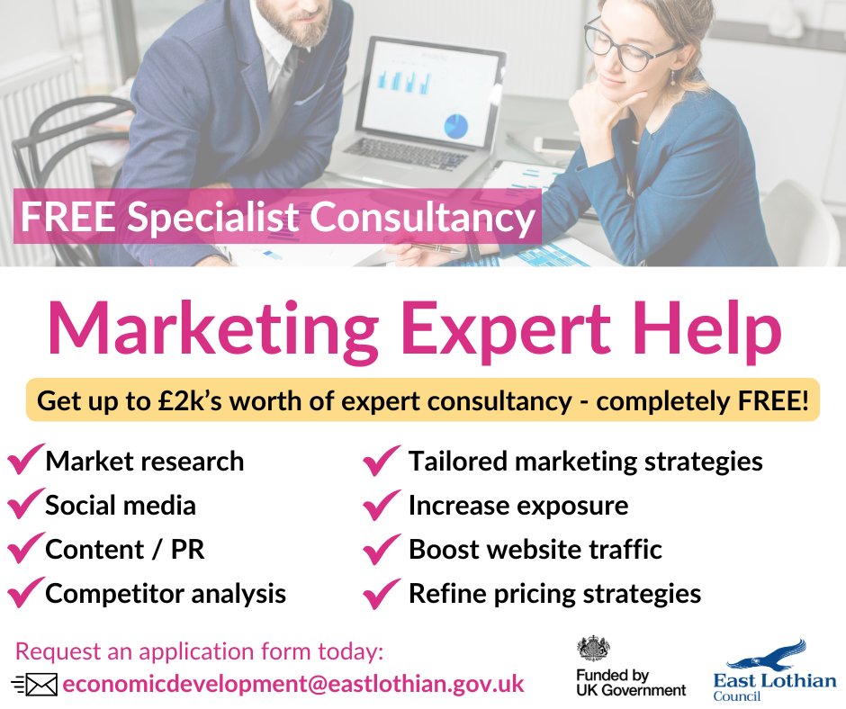 BizEastlothian's tweet photo. Did you know @ELCouncil offer a Marketing Expert Help Programme where local business can access up to £2k's worth of specialist consultancy - COMPLETELY FREE?! ✉️Contact economicdevelopment@eastlothian.gov.uk for more info.
@lothianschamber @fsb_policy https://t.co/YwdRoRLHi0