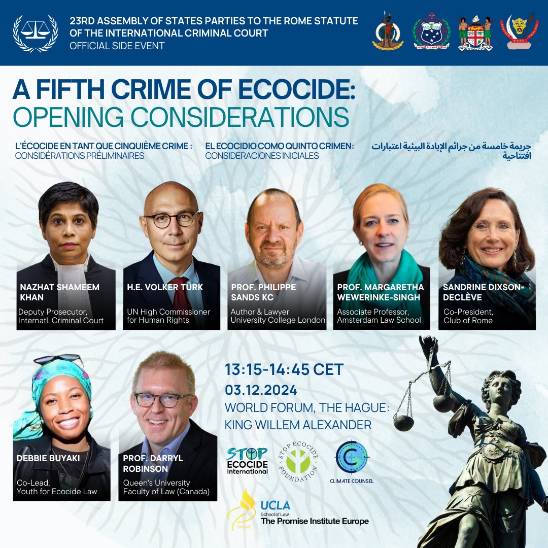 Join us for this stellar #ecocidelaw official side-event at the 2024 Assembly of States Parties to the Rome Statute of <a href="/IntlCrimCourt/">Int'l Criminal Court</a>!🌍

W/ ICC Dep. Prosecutor Nazhat Shameem Khan, <a href="/volker_turk/">Volker Türk</a>, @philippesands &amp; more.

Virtual registration: stopecocide.earth/events/a-fifth…

#StopEcocide